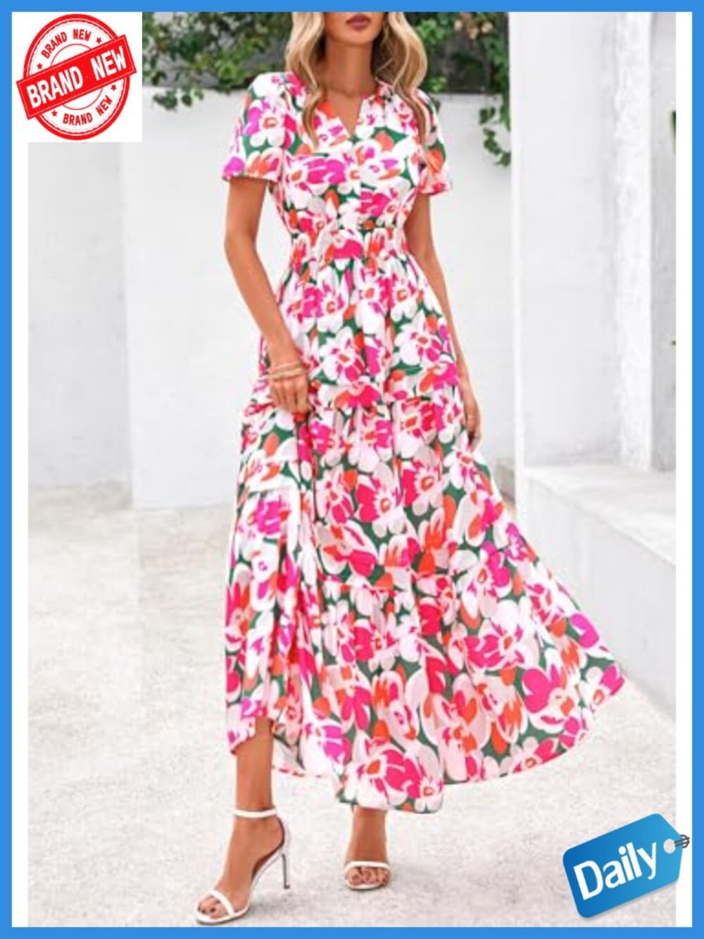 Women's Boho Floral Maxi Dress Tiered A-Line Elastic Waist with Pockets - Picture 5 of 6